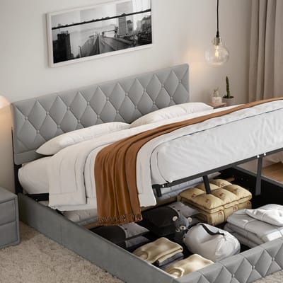 REDOM Opbergbed 140x200 cm – Tweepersoons Bedframe met Opbergruimte – Fluweel Lichtgrijs – Hydraulisch Systeem – Gestoffeerd Hoofdbord