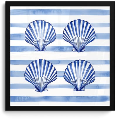 Poster in lijst - Fotolijst 40x40 cm - Posters - Vier schelpen - Blauw - Wit - Strepen - Posterlijst zwart - Decoratie - Wanddecoratie woonkamer - Muurdecoratie slaapkamer