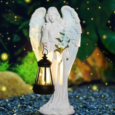 Zonne-energie tuinbeelden, beschermengel met LED-lantaarn, weerbestendige grafdecoratie voor buiten, sfeervolle outdoor decoratie en engel sculptuur voor gazon en binnenplaats