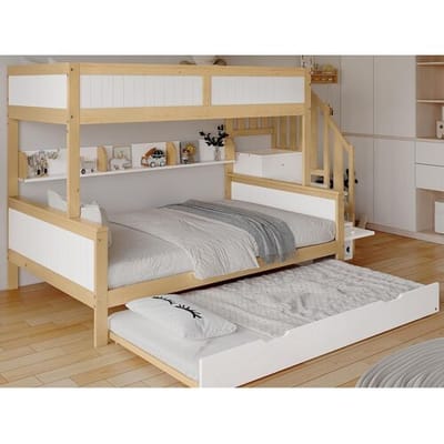 ModernLuxe Stapelbed 90x200cm + 120x200cm + onderschuifbed 90x190cm - met planken, kledingkast en opbergtrap - in grenenhout en MDF - Wit & Naturel