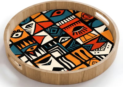 Dienblad rond 40x40 cm - Schootdienblad hout - Abstract - Gezichten - Mozaïek - Borrelplank rechthoek - Plateau houten dienbladen