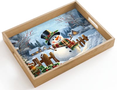 Dienblad hout 40x30 cm - Schootdienblad - Sneeuwpop - Winterdorp - Kleurrijk - Borrelplank rechthoek - Plateau dienbladen