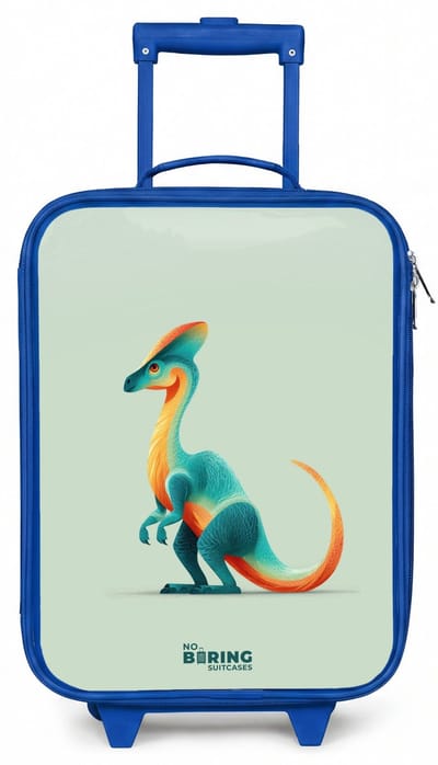 NoBoringSuitcases.com® - Kinderkoffer blauw - Kindertrolley jongen - Elegante dino met kam - Koffer kind lichtgewicht - Reiskoffer trolley voor kinderen - Koffertje met lichtgevende wieltjes - Rolkoffer