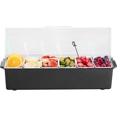 VEVOR Gekoelde Kruidencontainer Ingrediëntencontainer met 6 compartimenten (500 ml x 6) Displaystandaard met deksel Pizzastation Pizzatoppingstation Fruitbox Serveertaco's Salade Fruit