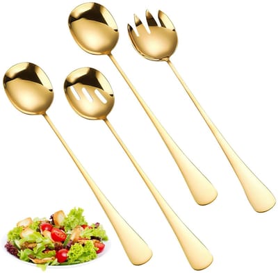 Dailygoods - AKONE Saladebestek, roestvrij staal, 4 stuks, saladebestek, set met vork en lepel, 28 x 5,5 cm, slalepel, voorlegbestek voor keuken, eetkamer, familiecamping en picknick (goud)
