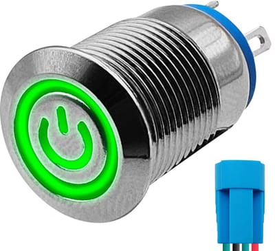 ProRide Metalen Pulsschakelaar 12V OFF-(ON) - 12mm - Momentschakelaar met Aansluitkabel - Spatwaterdicht - 12V/24V - LED Indicatie Groen
