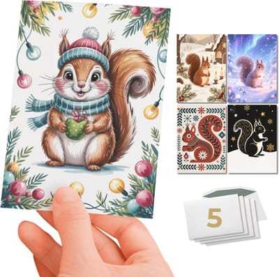 Inspra Studio – Luxe Kerstkaarten met Enveloppen – 5 Stuks – Dieren Wenskaarten Collectie – Mix van 5 Unieke Illustratiestijlen – Eekhoorn