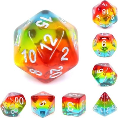Polyset Dice | Dobbelstenen - Set Van 7 Stuks - Rood Geel Groen Blauw Transparant Zilver | Voor D&D en Andere Rollenspellen | Plastic Dobbelstenen Set voor Dungeons and Dragons | Polyhedral Dice Set | Mooie Zwarte Velvet Dice Bag voor Ongeveer 3 Sets