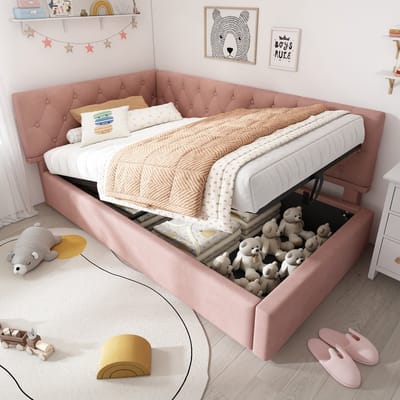 Sweiko Slaapbank - 90x190 cm - Kinderbed - Opbergruimte - Velvet - Zonder matras - Roze