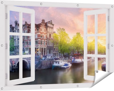 Gards Tuinposter Doorkijk Amsterdamse Grachten - 120x80 cm - Tuindoek - Tuindecoratie - Wanddecoratie buiten - Tuinschilderij