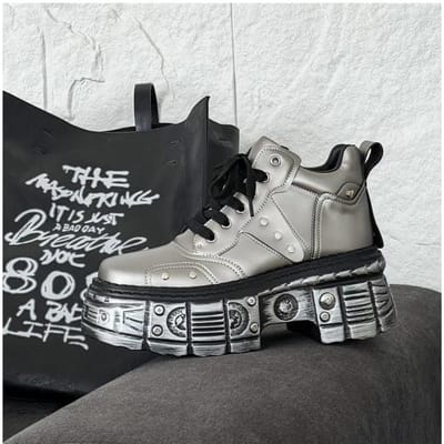 Stoere Sneaker Heren Designer Retro Punk Motorlaarzen Mode Casual Leer Stof Verhoogde Zool Plat Platform Sportschoenen 45 gray