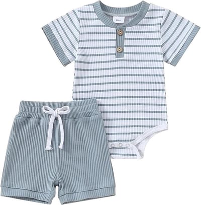 Baby Jongens Twee-delige Outfit, Korte Mouw Gestreepte Romper + Shorts Set, Zachte Katoen Babykleding voor 0-18 Maanden, Comfortabel en Ademend