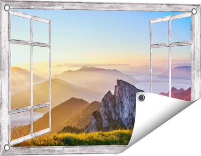 Gards Tuinposter Doorkijk Zonsopkomst in de Bergen in de Alpen - 60x40 cm - Tuindoek - Tuindecoratie - Wanddecoratie buiten - Tuinschilderij