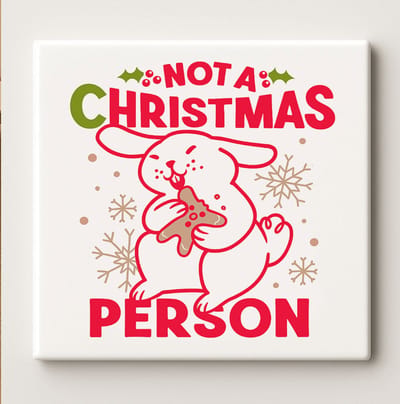 Not a Christmas Person Keramische Tegel 15x15 cm – Grappig Konijn met Peperkoek Ontwerp – Schattige Feestelijke Wanddecoratie & Perfect Cadeau voor Kerst