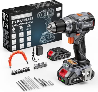 Accuschroevendraaier 120 N.m - 21V Set met 2 Accu's, 20+3 Draaimomentniveaus & Borstelloze Motor