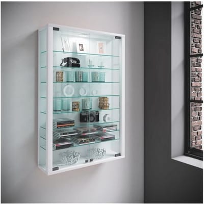 Vitrosa Mini wandkast, met LED verlichting, 8 legplanken, 2 draaideuren, B 590 x D 180 x H 910 mm, glas & hout, wit