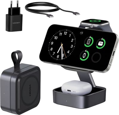 Voomy 3-in-1 Draadloze Oplader (15W Snellader) - Inklapbaar Oplaadstation - Geschikt voor MagSafe, Apple Watch, Draadloze Oortjes - Wireless Charger - Inclusief Adapter - Zwart