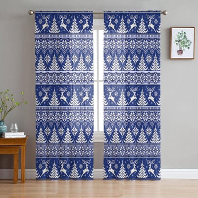 Kerst Blauwe Kerstboom Sneeuwvlok Transparante Gordijnen Voor Kinder Slaapkamer Woonkamer Voile Gordijnen Kerst Keuken Tule Gordijn 135W x 114H(cm) blue