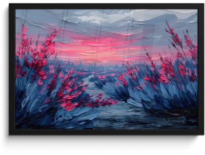 Poster in lijst - Fotolijst 60x40 cm - Posters - Schilderij - Zonsondergang - Bloemen - Rivier - Posterlijst zwart - Decoratie - Wanddecoratie woonkamer - Muurdecoratie slaapkamer