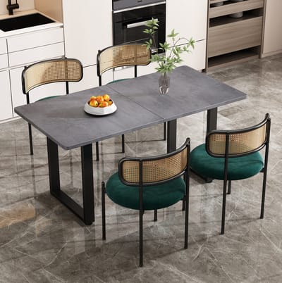 DESMIU Eetkamerstoel 75 Cm - Set Van 4 Met Rattan Rugleuning En Zachte Velvet Zitting - Voor Eetkamer En Woonkamer - Metaal - Groen
