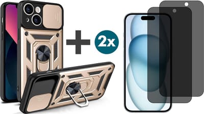 Hoesje met Privacy screenprotectors 2 stuks Geschikt voor iPhone 15 Plus met Ringhouder en Camera schuifje - Arara backcover - Goud