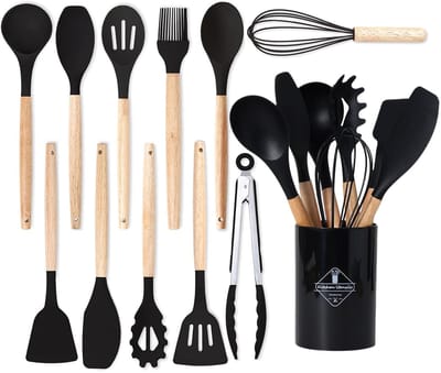 HAUSS SPOLE keukengerei set met Houder 12-delig – Hittebestendig Antiaanbak Veilig – Voor Dagelijks Koken – Kookgerei Set - Garde - Spatel Silicone - Zwart
