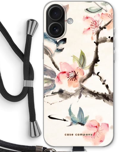 Case Company® - Hoesje met koord geschikt voor iPhone 16 Plus hoesje met Koord - Japanse bloemen - Telefoonhoesje met Zwart Koord - Bescherming aan alle Kanten en Over de Schermrand