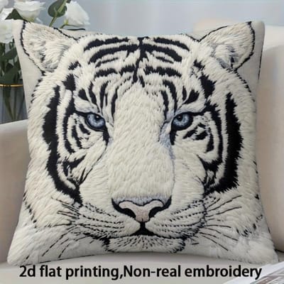 VIKAMA 2D Witte Tijger Print Sierkussenhoes - Slaapkamer, Woonkamer, Bank Kussenhoes - Dubbelzijdig Bedrukte Kussenhoes 40x40cm