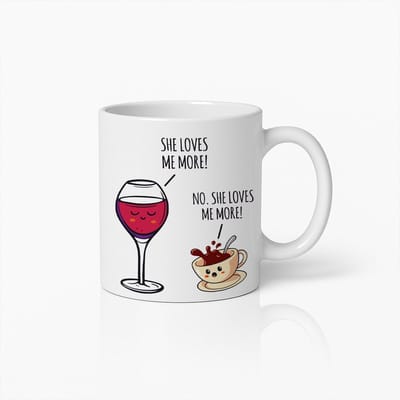 Ze Houdt Meer van Mij Grappige Koffie en Wijn Mok 330ml – Schattig Cartoon Ontwerp Cadeau