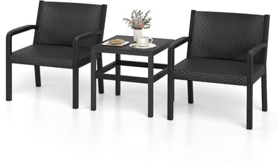COSTWAY 3-delige rotan tuinmeubelset, weerbestendig balkonmeubel van PP, balkonset incl. 2 stoelen met tafel, terrasmeubels, tuinset, zitgroep voor balkon, terras, tuin (zwart)
