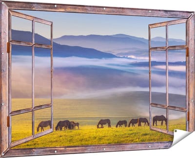 Gards Tuinposter Doorkijk Kudde Wilde Paarden in de Wei bij Heuvels - 180x120 cm - Tuindoek - Tuindecoratie - Wanddecoratie buiten - Tuinschilderij