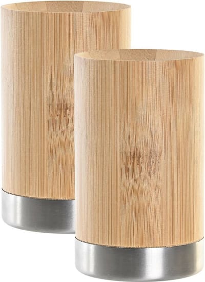 ITEM Tandenborstelhouder - 2x - drinkbeker - hout - zilver - 7x11 cm - stijlvol