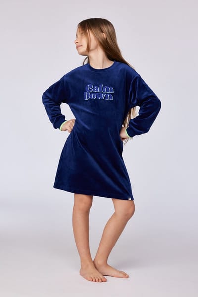 Woody slaapkleed meisjes/dames velours - donkerblauw - 'Calm down' - 252-10-YDE-V/897 - maat 164
