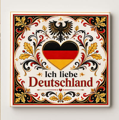 Ik Hou van Duitsland Decoratieve Keramische Tegel – Hart Vlag en Adelaar Design – Zwart Rood Goud Wanddecoratie Tegel – Vaderlands Woondecoratie Cadeau