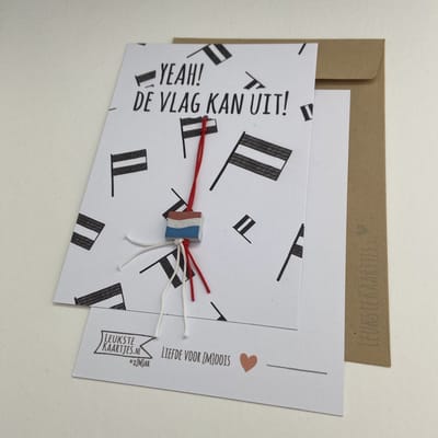 Kaartkadootje -> Vlaggetje - No:05 (Yeah! De vlag kan uit! - Gelukspoppetje houten Nederlandse vlag - Geslaagd-school-certificaat-rijbewijs-eindelijk gelukt-etc - Vlaggen zwart/wit) - LeuksteKaartjes.nl by xMar