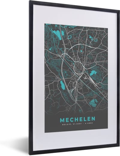 Fotolijst incl. Poster - België – Mechelen – Stadskaart – Kaart – Blauw – Plattegrond - 40x60 cm - Posterlijst