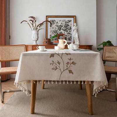 Floraweg: retro tafellaken in katoen en linnen in Franse stijl, met geborduurde plantenmotieven en franjes; geschikt als tafellaken of als hoes voor de salontafel,140x228cm