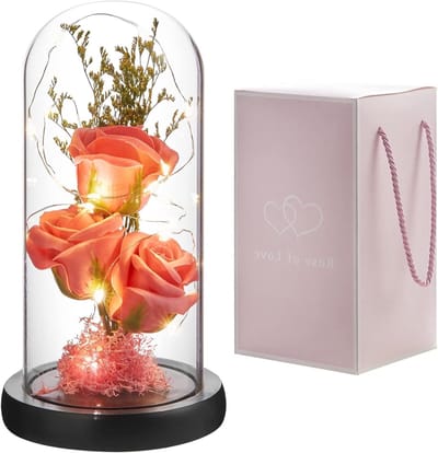Bloem in Glazen Koepel - Eeuwige Roos - Romantische Sfeer - Met Warm Licht - 11 x 20.8 cm - Roze