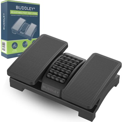 BUDDLEY Voetensteun Bureau - Verstelbaar en Kantel plateau - Voetenbankje Bureau Ergonomisch - Voetenbankjes Verstelbaar - Voetsteun Kantoor - Ergonomische Voetenbank Office - DIN 4556 - Met heerlijke massage functie