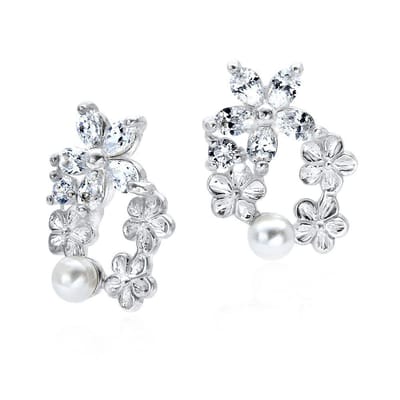 Joy|S - Zilveren classic bloem parel oorbellen kristal