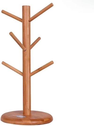Houten Mok Houder - Boomvorm Rek - Keuken Opbergen - Zes Haken - 34.5 cm Hoog - Houtkleur