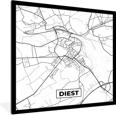 Fotolijst incl. Poster Zwart Wit- Zwart Wit – België – Plattegrond – Stadskaart – Kaart – Diest - 40x40 cm - Posterlijst