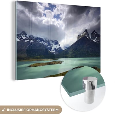 ® Glasschilderij 180x120 cm - Schilderij acrylglas - Pehoe meer - Chili - Wolken - Foto op glas - Muurdecoratie woonkamer - Wanddecoratie slaapkamer - Schilderijen
