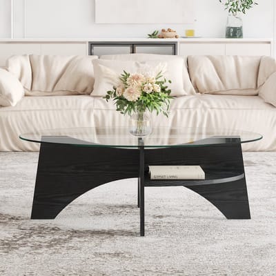 DESMIU Bijzettafel - Ovaal Glazen Blad Met Fächer Onderstel - Modern En Minimalistisch Voor Woonkamer, Balkon En Slaapkamer - MDF En Glas - Zwart Transparant - 104,9x60x35,6 Cm