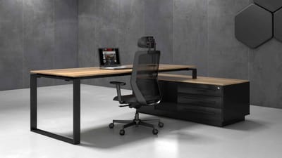 Directiebureau Cube Hoekcombinatie incl ladenblok met 3 laden. Met zwevend blad. Uitvoering rechts.
