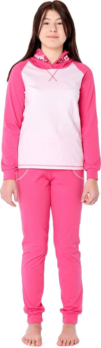 Ladeheid Meisjes Pyjama - met Capuchon - Lange mouwen - Lange broek - Katoen - LA-LA40-237-PJ - Donkerroze Dino - 158