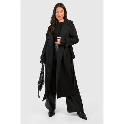 boohoo Dames Petite Riemtrenchcoat met Wolachtig Uiterlijk | Zwart | Maat: 34