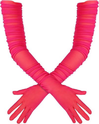 Lange dameshandschoenen van tulle met rekbare plooien voor 1920s kostuums, perfect voor opera, kerst en Halloween feestjes, in roze en rood