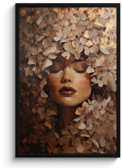 Poster in lijst - Fotolijst 60x90 cm - Posters - Gezicht - Vrouwe - Bladeren - Penseelstreken - Posterlijst zwart - Decoratie - Wanddecoratie woonkamer - Muurdecoratie slaapkamer
