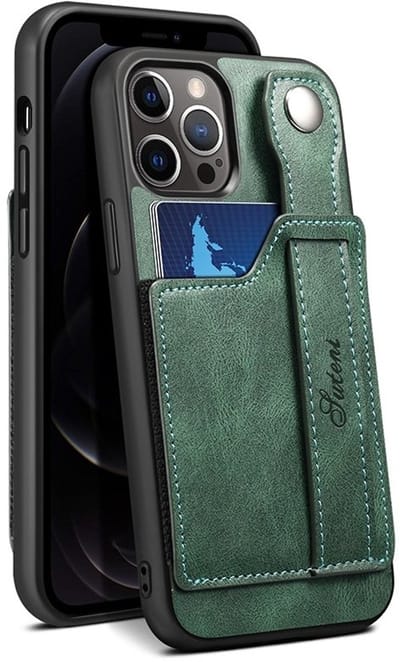 geschikt voor iPhone 15 Pro Pashouder Hoesje Retro Design - Vakje voor pasjes en slimme standaard - geschikt voor iPhone 15 Pro Portemonnee Hoesje - Vintage Backcover geschikt voor iPhone 15 Pro Wallet Case groen